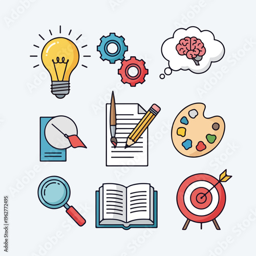 Colorful illustrated set of nine icons representing education, creativity, and ideas