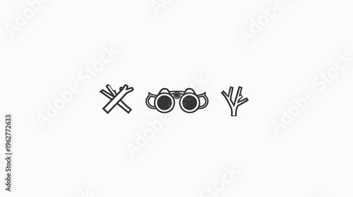 A sparse iconographic image of crossed sticks, binoculars, and a bare tree