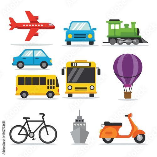 Colorful illustrated set of nine modes of transportation on white background