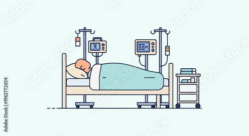 Patient lying in hospital bed.