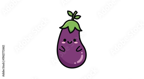 Cute cartoon smiling purple eggplant character.