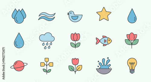 Collection of various colorful cartoon icons.