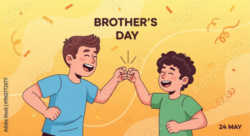 Brothers celebrating brother's day with joyful fist bump on sunny yellow background with confetti