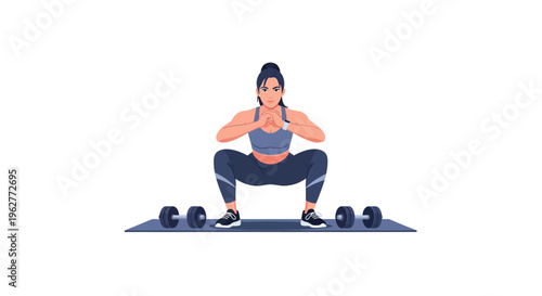 Woman doing squat exercise with dumbbells.