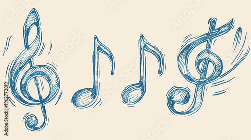 Blue sketched music notes on a pale background; clef and eighth notes in sketch drawing style