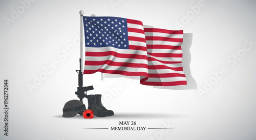 Memorial day tribute with american flag boots and rifle on white background