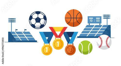 Sports medals and balls icons set.