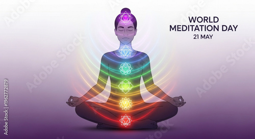 Woman meditating with colorful chakra symbols on body world meditation day may 21st yoga and mindfulness concept