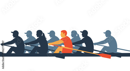 Rowing Team in Synchronized Motion Together.