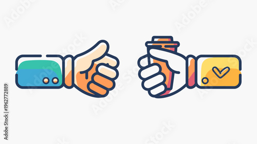 Two hands, one giving a thumbs-up, the other holding an object in a cartoonish style