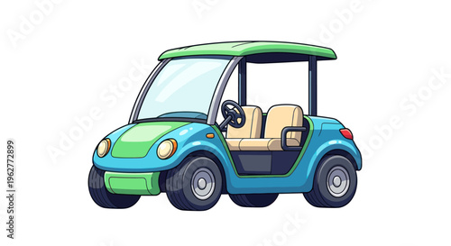 Green and blue golf cart vehicle.