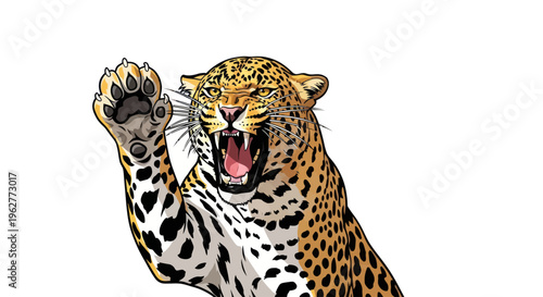 Fierce Leopard with Raised Paw Closeup.