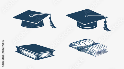 Blue graduation caps with tassels and books on white. Graphic, academic theme