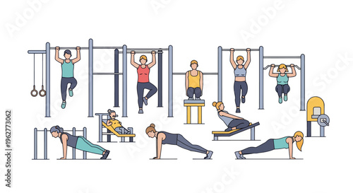 People doing various gym exercises outdoors.