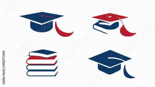 Four square academic icons of caps and books in red and blue on white background