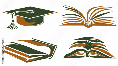 Green & brown education-themed symbols graduation cap, open/closed books. Abstract design