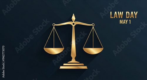 Golden scales of justice on dark background with law day may 1 text
