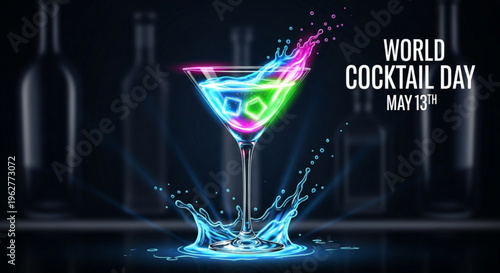 Vibrant cocktail glass with colorful liquid splash on world cocktail day may 13th in a dark bar