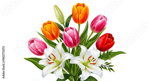 A beautiful gift of fresh spring tulips in a vibrant bunch featuring red, pink, and yellow blossoms with green leaves isolated for a floral nature display