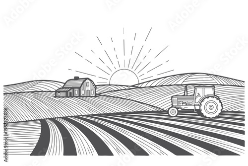 Vintage tractor working on farm fields during sunrise vector illustration.