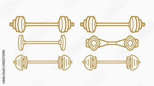 Vector graphic features six weight training objects, in outlined golden color, on white