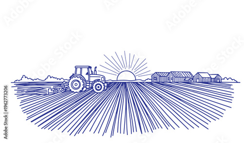 Modern tractor plowing soil on farm at sunrise with rural buildings illustration vector art.