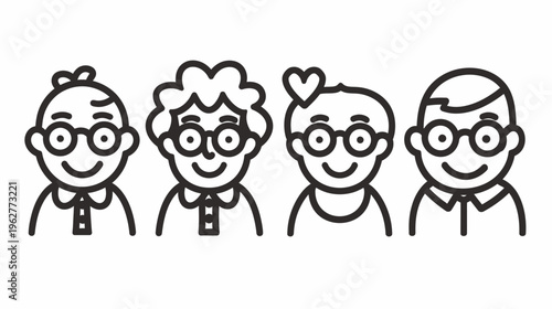 Four cartoon-style, outline drawings of adults with glasses smiling at the viewer