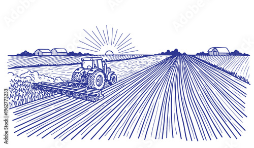 Heavy tractor pulling plow through field during sunrise on rural farm illustration vector.