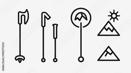 Black outlined hiking/mountain elements poles, axe, and mountain peaks with sun