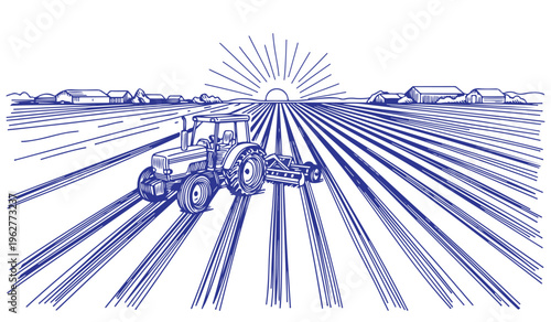 Rural farm field with tractor working under sunrise agriculture landscape vector illustration.