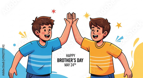 Brothers celebrating brother's day with a high five gesture smiling and happy