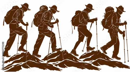 Brown silhouettes of four hikers traverse rocky terrain with walking sticks and backpacks