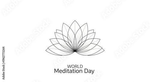 World meditation day illustration with lotus flower and text on white background symbolizing mindfulness and relaxation