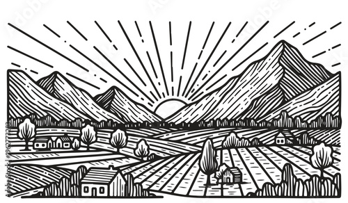 Mountain range over farming fields with houses under sunrise rural landscape vector illustration.