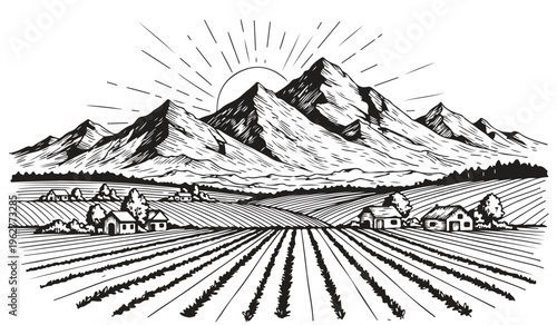 Dramatic mountain peaks overlook vast farming fields with houses and sunrise vector illustration.
