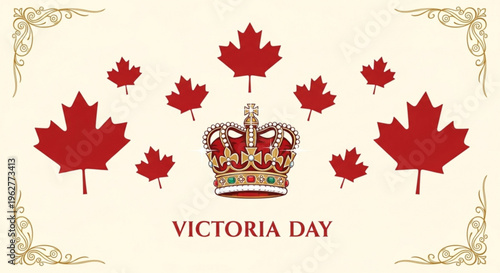 Victoria day celebration with maple leaves and royal crown on cream background