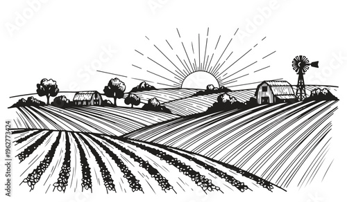 Rolling farmland with windmill at sunrise, vector illustration.