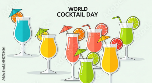 Colorful cocktails with umbrellas and slices on world cocktail day celebration