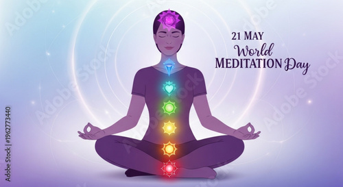 Person meditating with colorful chakras on body world meditation day yoga and mindfulness concept