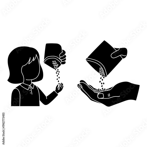 Black and white icons, charity donation concept, giving and receiving, money exchange, silhouette illustration