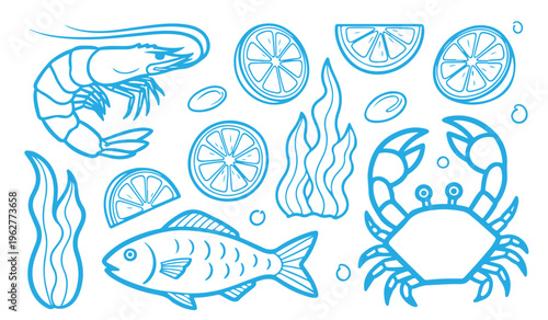 Seafood collection vector illustration with fish crab shrimp seaweed and lemon slices set.