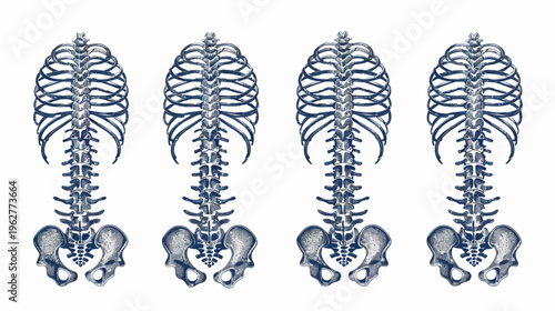 Repeating skeletal structures feature rib cages, spines and pelvic bones on a white background