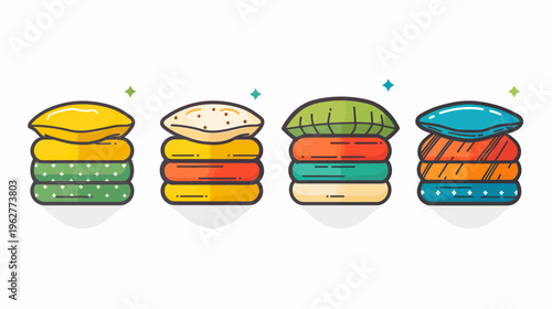 Four stacks of soft, colorful blankets and pillows on a clean, white background