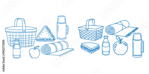 Picnic essentials vector illustration with basket, sandwich, apple, and thermos.