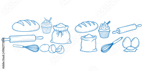Baking items vector illustration with bread, cupcake, flour, whisk, and eggs.