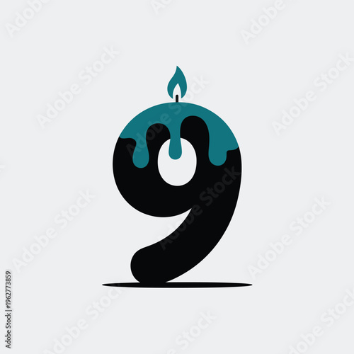 A stylized number nine resembling a melting candle with a flame