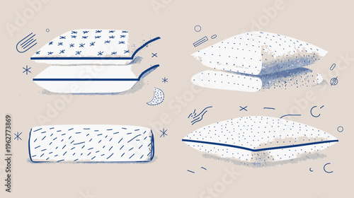 Stylized pillows of varying shapes and patterns float in a neutral colored space