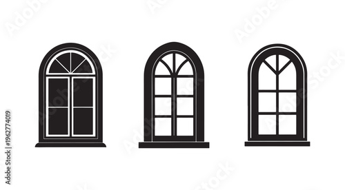Archedwindowswithdifferentpanelsandframesisolatedonwhitebackgroundforarchitectureanddesignuse