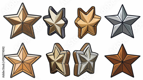 Collection of 8 cartoon stylized, three-dimensional, colored stars against a white background