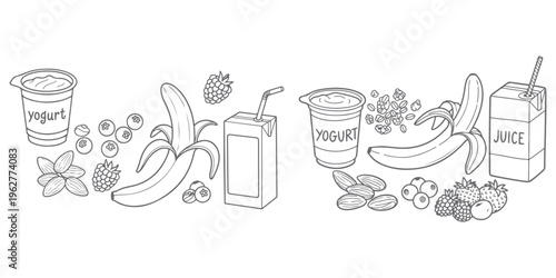 Healthy breakfast yogurt with fruit and nuts collection set hand drawn vector illustration.